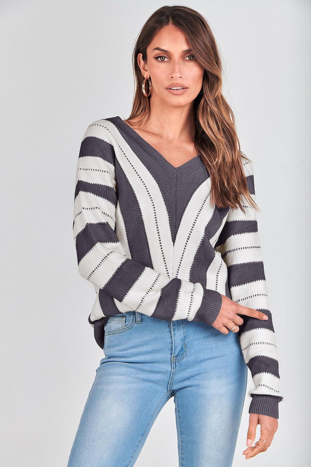 imagePRETTYGARDEN Sweaters for Women 2026 Long Sleeve Striped Knitted V Neck Pullover Jumper Tops Fall Outfits Fashion ClothingStriped Dark Grey