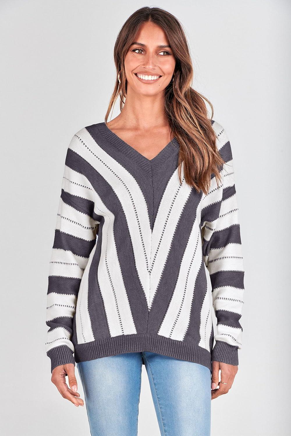 imagePRETTYGARDEN Sweaters for Women 2026 Long Sleeve Striped Knitted V Neck Pullover Jumper Tops Fall Outfits Fashion ClothingStriped Dark Grey