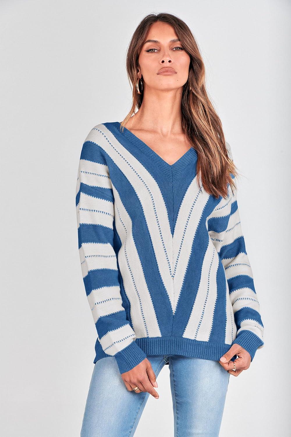 imagePRETTYGARDEN Sweaters for Women 2026 Long Sleeve Striped Knitted V Neck Pullover Jumper Tops Fall Outfits Fashion ClothingStriped Dark Royal Blue