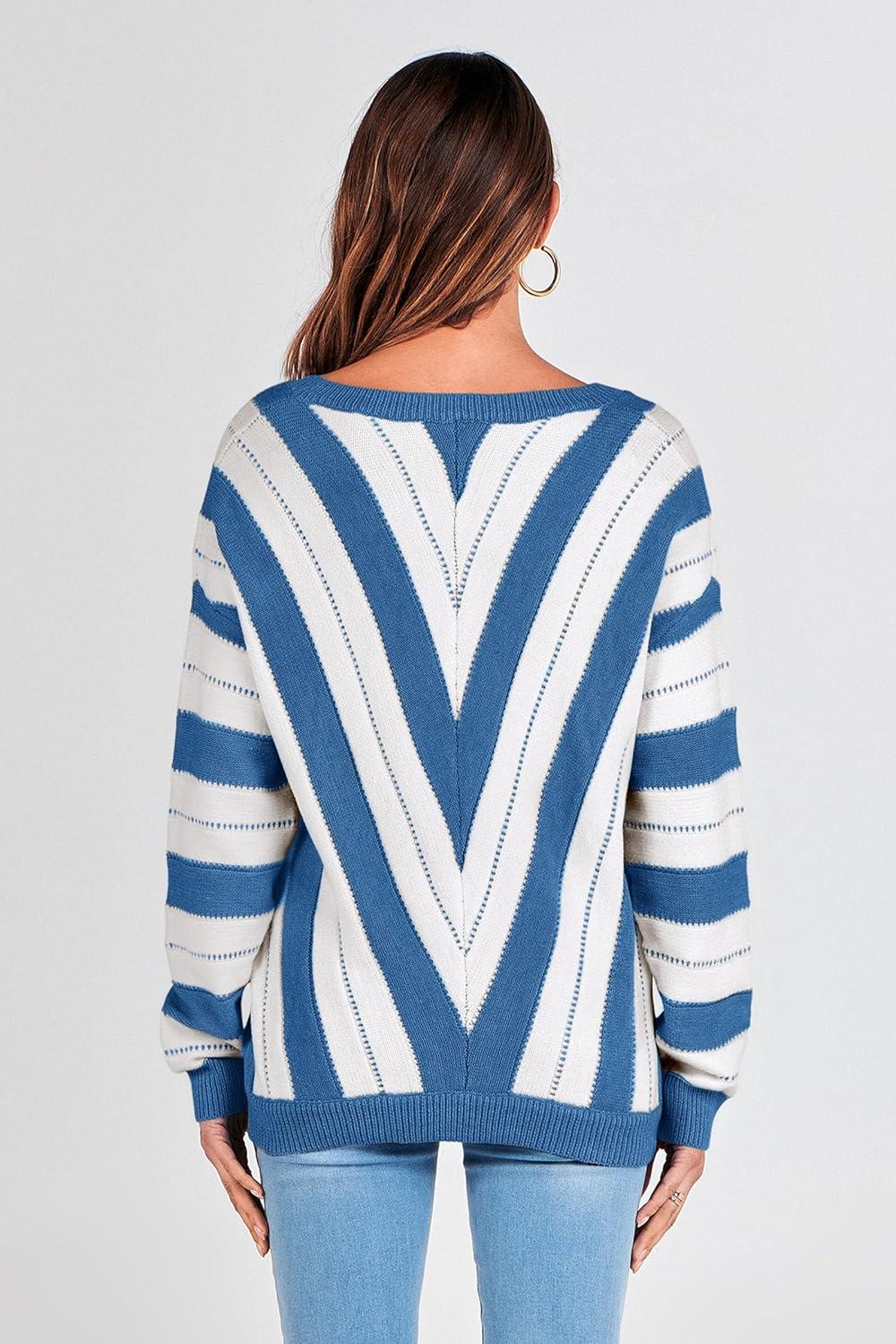 imagePRETTYGARDEN Sweaters for Women 2026 Long Sleeve Striped Knitted V Neck Pullover Jumper Tops Fall Outfits Fashion ClothingStriped Dark Royal Blue