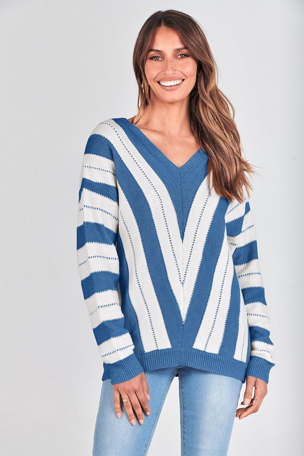 imagePRETTYGARDEN Sweaters for Women 2026 Long Sleeve Striped Knitted V Neck Pullover Jumper Tops Fall Outfits Fashion ClothingStriped Dark Royal Blue