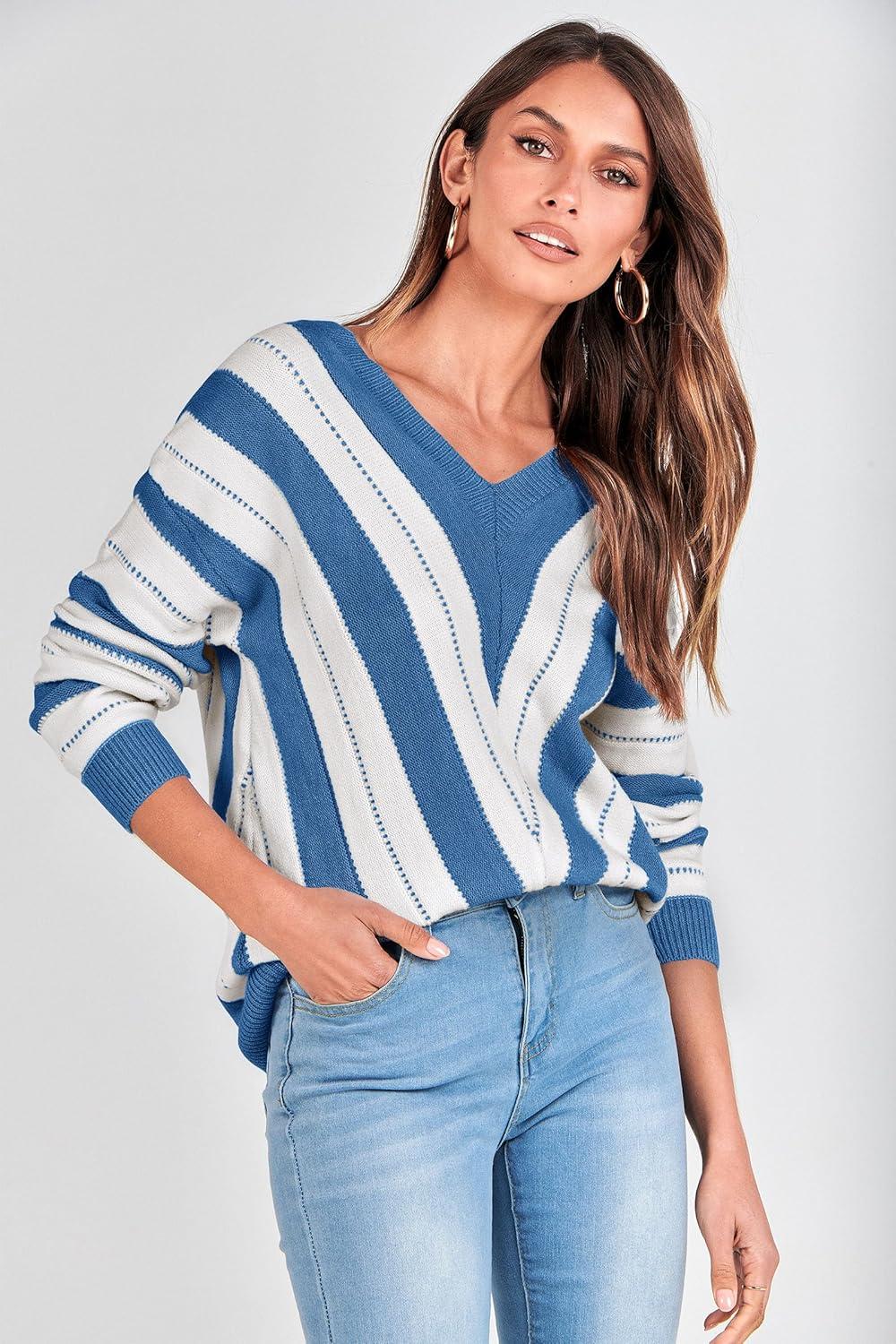 imagePRETTYGARDEN Sweaters for Women 2026 Long Sleeve Striped Knitted V Neck Pullover Jumper Tops Fall Outfits Fashion ClothingStriped Dark Royal Blue
