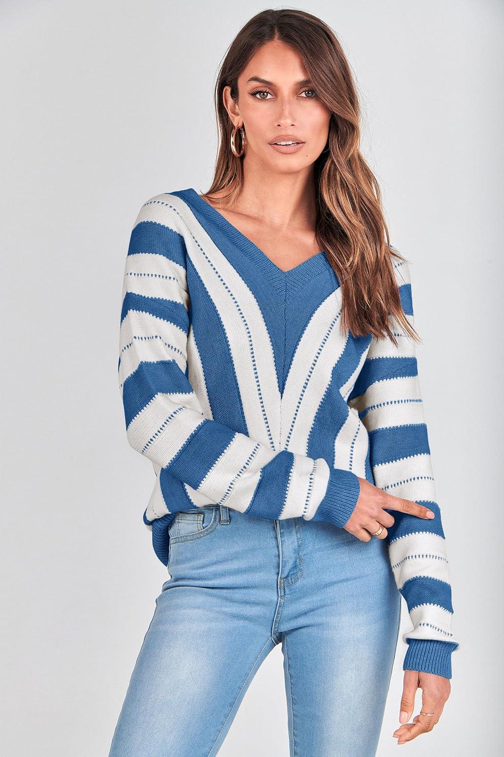 imagePRETTYGARDEN Sweaters for Women 2026 Long Sleeve Striped Knitted V Neck Pullover Jumper Tops Fall Outfits Fashion ClothingStriped Dark Royal Blue