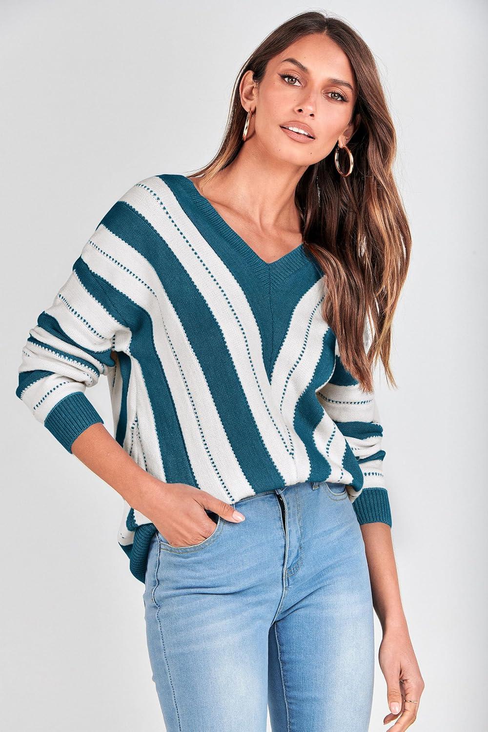 imagePRETTYGARDEN Sweaters for Women 2026 Long Sleeve Striped Knitted V Neck Pullover Jumper Tops Fall Outfits Fashion ClothingStriped Denim Blue