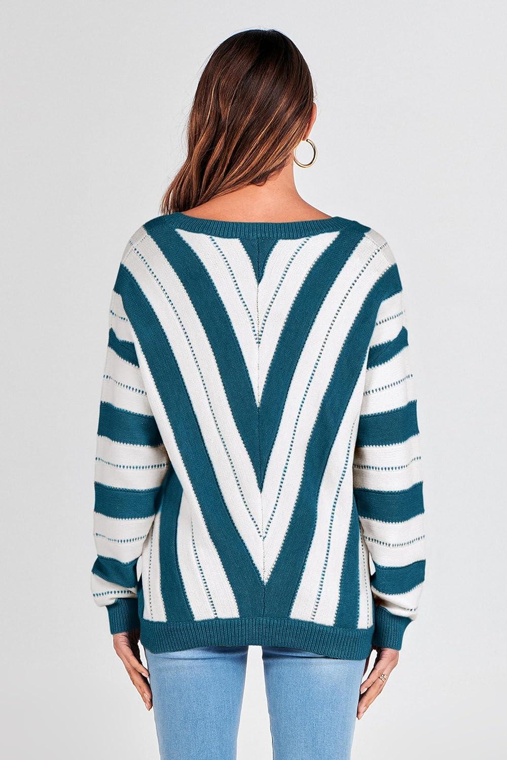 imagePRETTYGARDEN Sweaters for Women 2026 Long Sleeve Striped Knitted V Neck Pullover Jumper Tops Fall Outfits Fashion ClothingStriped Denim Blue