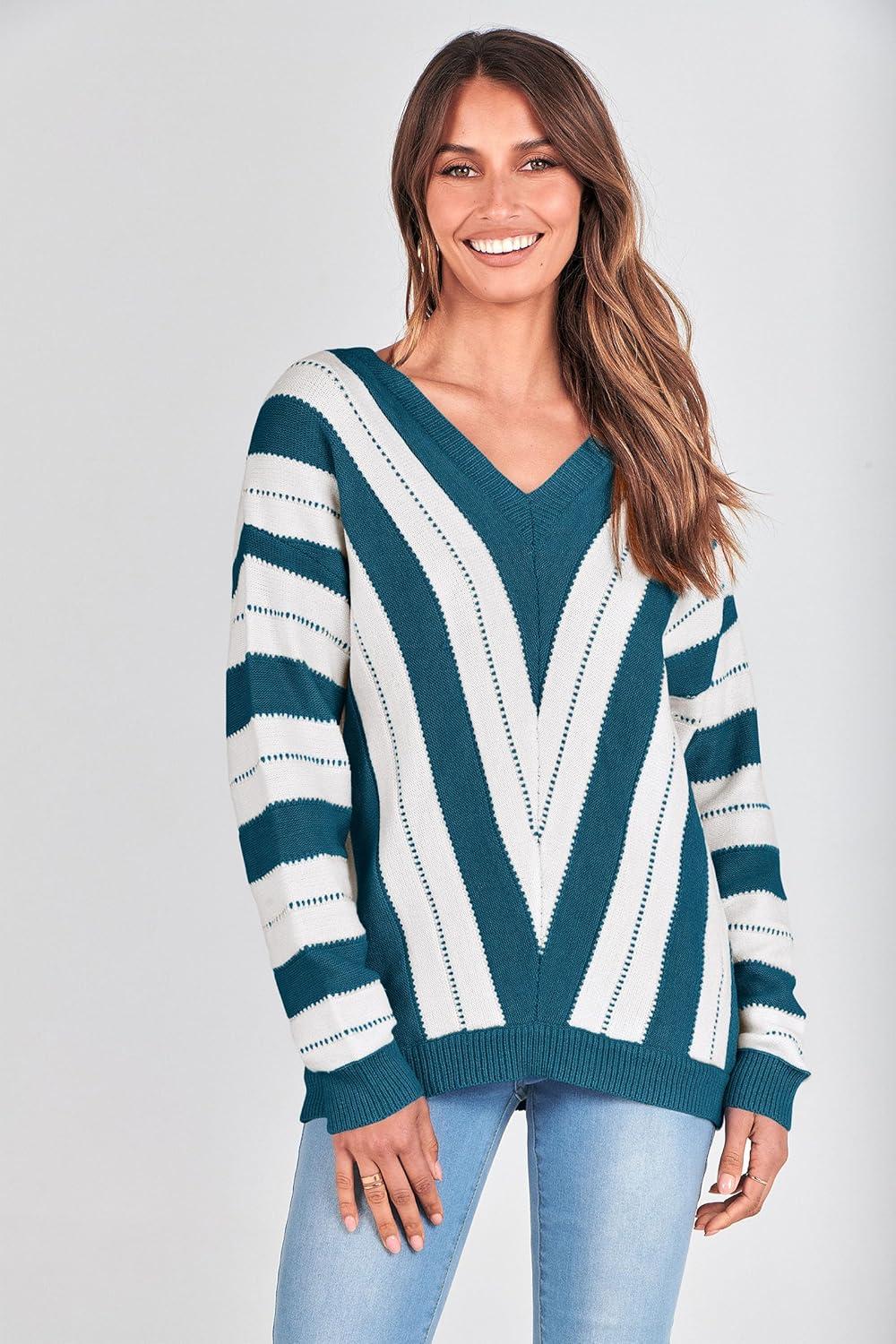 imagePRETTYGARDEN Sweaters for Women 2026 Long Sleeve Striped Knitted V Neck Pullover Jumper Tops Fall Outfits Fashion ClothingStriped Denim Blue