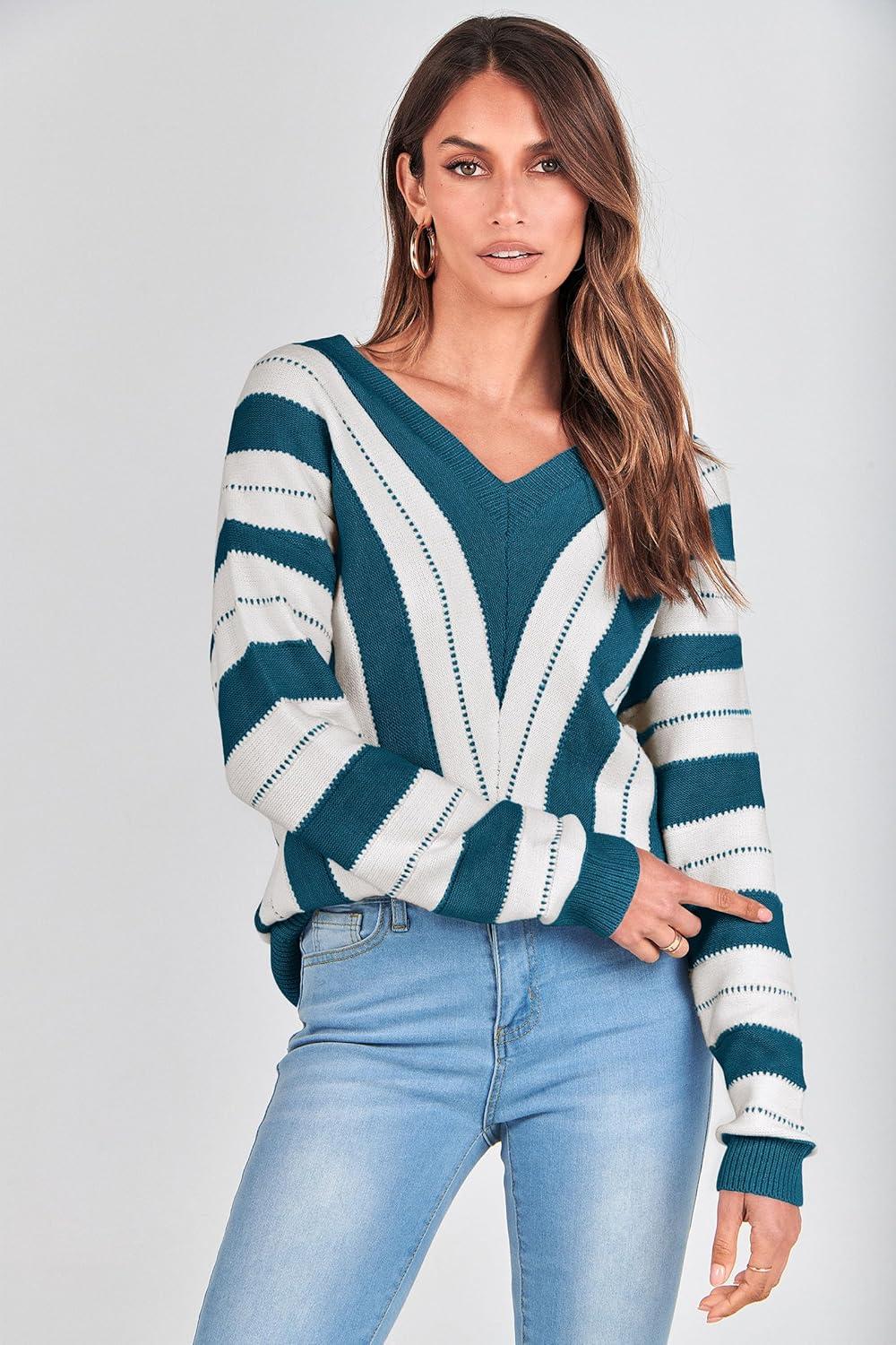 imagePRETTYGARDEN Sweaters for Women 2026 Long Sleeve Striped Knitted V Neck Pullover Jumper Tops Fall Outfits Fashion ClothingStriped Denim Blue