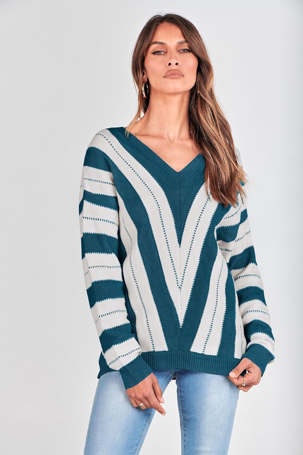 imagePRETTYGARDEN Sweaters for Women 2026 Long Sleeve Striped Knitted V Neck Pullover Jumper Tops Fall Outfits Fashion ClothingStriped Denim Blue