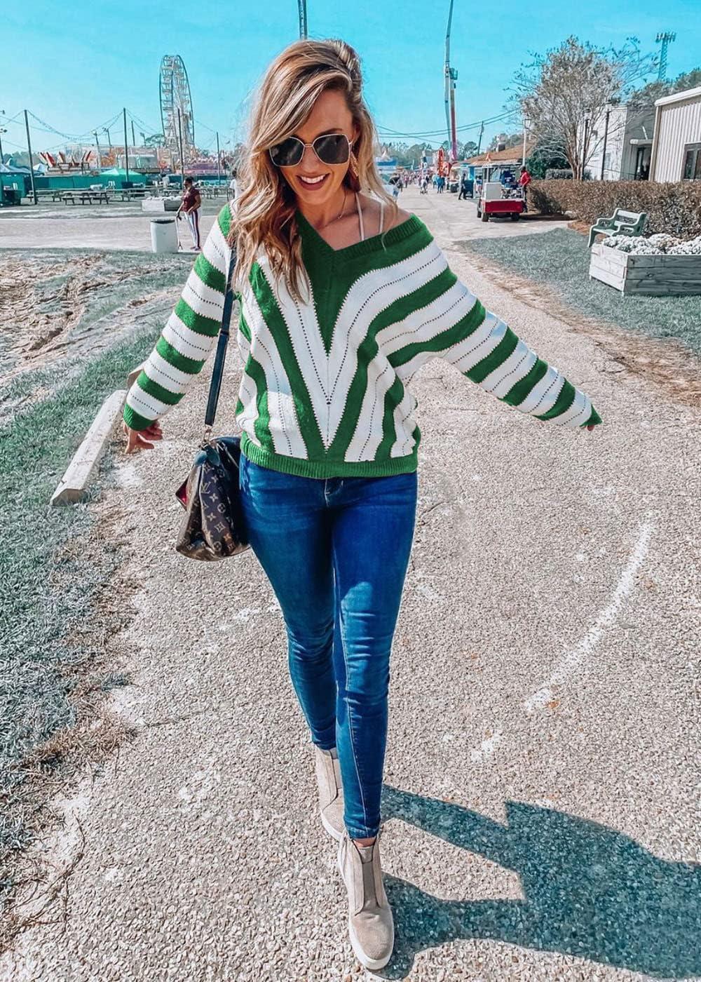 imagePRETTYGARDEN Sweaters for Women 2026 Long Sleeve Striped Knitted V Neck Pullover Jumper Tops Fall Outfits Fashion ClothingStriped Green