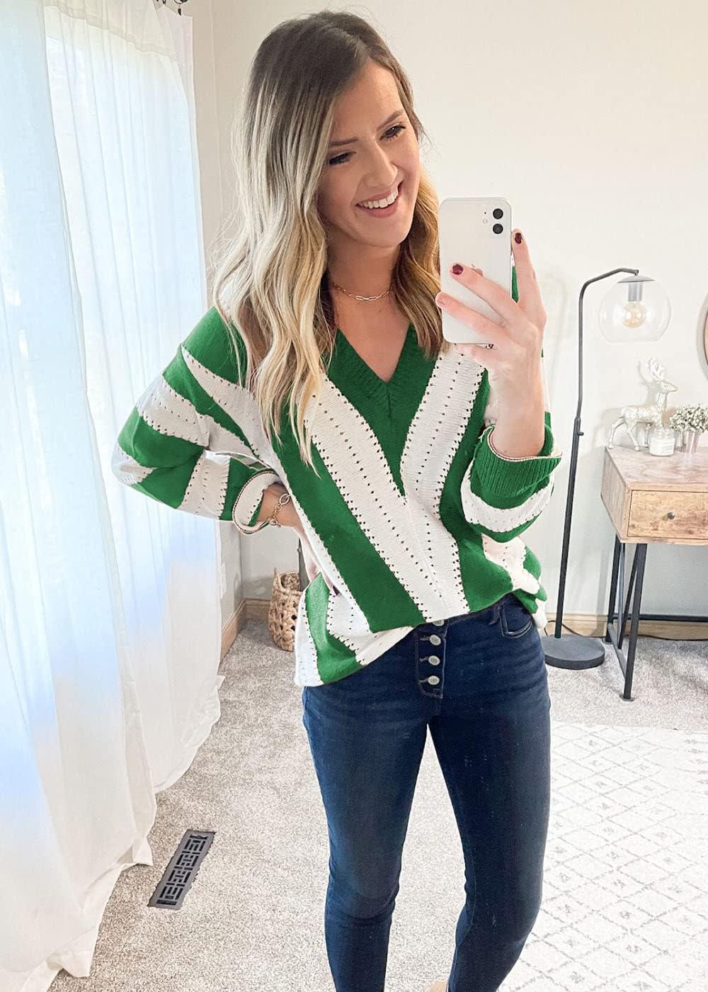 imagePRETTYGARDEN Sweaters for Women 2026 Long Sleeve Striped Knitted V Neck Pullover Jumper Tops Fall Outfits Fashion ClothingStriped Green