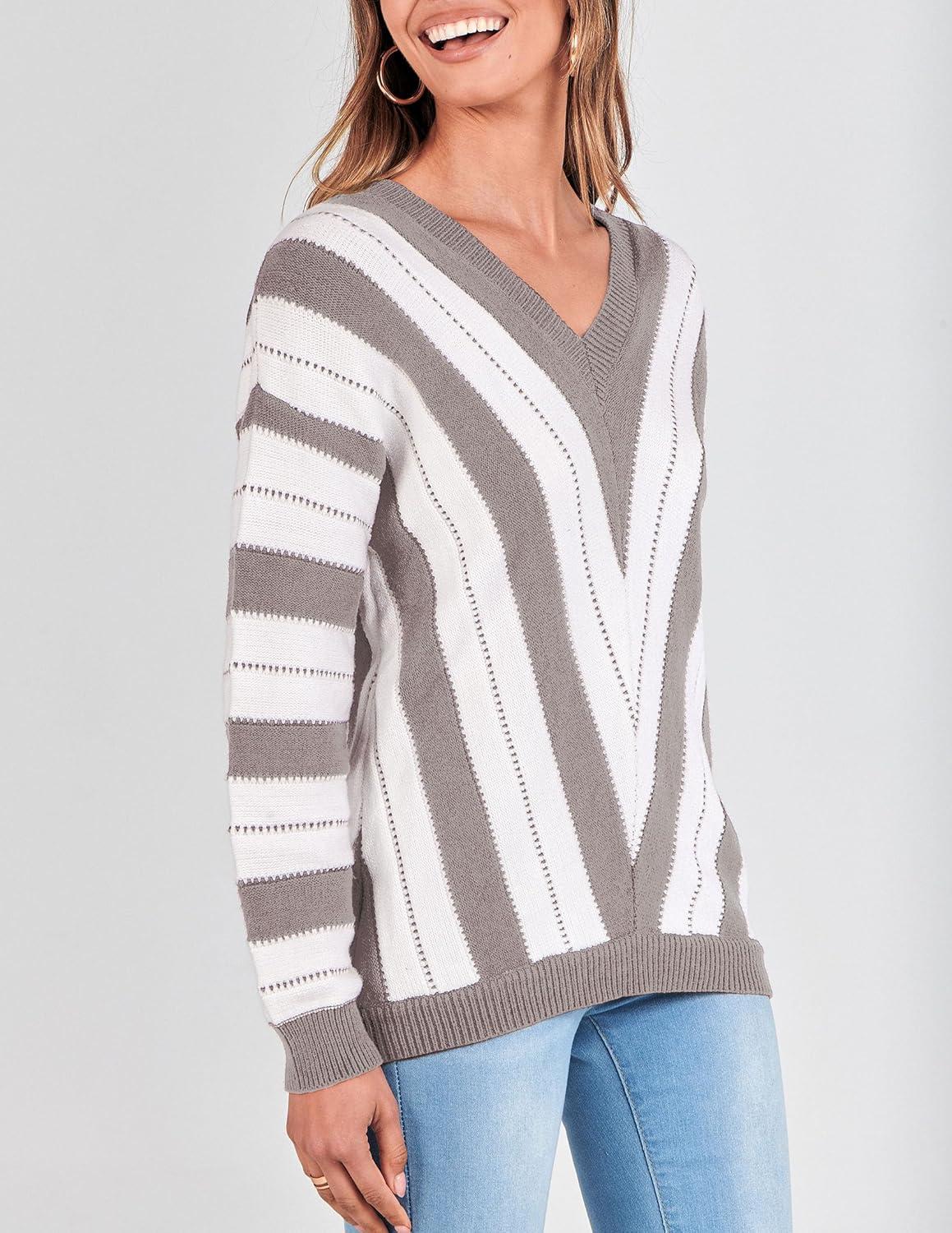 imagePRETTYGARDEN Sweaters for Women 2026 Long Sleeve Striped Knitted V Neck Pullover Jumper Tops Fall Outfits Fashion ClothingStriped Grey