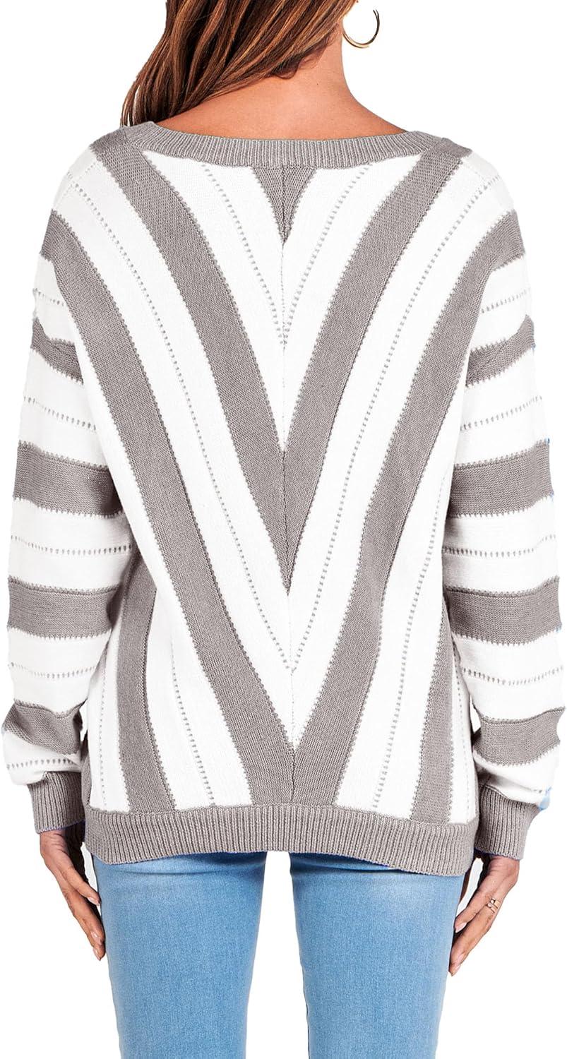 imagePRETTYGARDEN Sweaters for Women 2026 Long Sleeve Striped Knitted V Neck Pullover Jumper Tops Fall Outfits Fashion ClothingStriped Grey