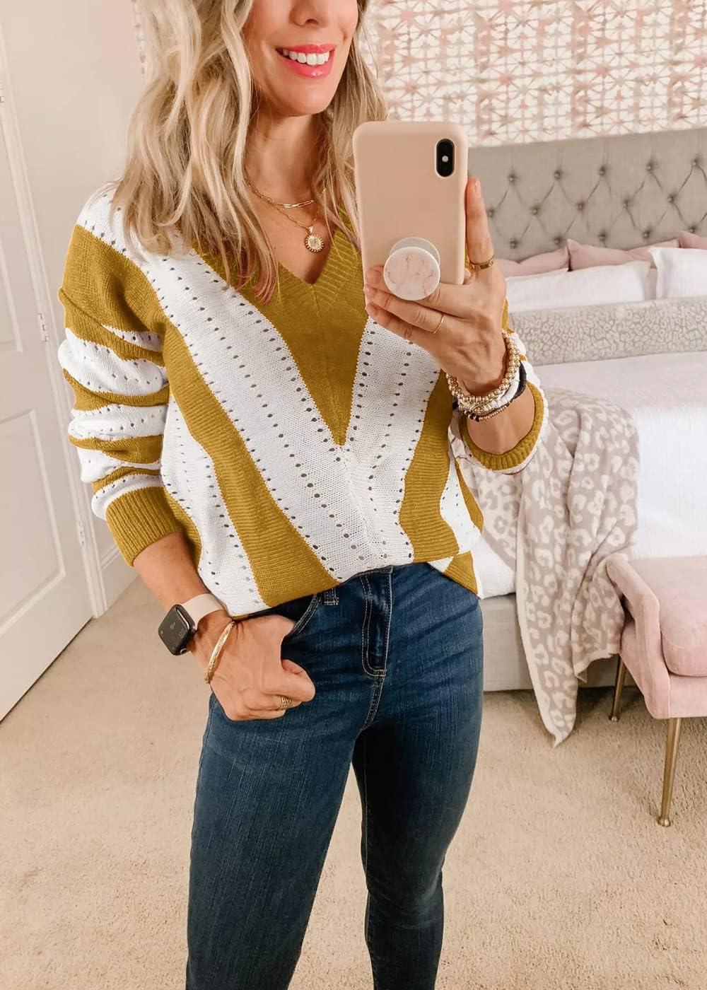 imagePRETTYGARDEN Sweaters for Women 2026 Long Sleeve Striped Knitted V Neck Pullover Jumper Tops Fall Outfits Fashion ClothingStriped Mustard Yellow