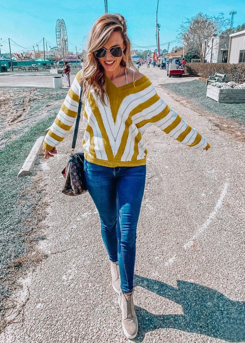 imagePRETTYGARDEN Sweaters for Women 2026 Long Sleeve Striped Knitted V Neck Pullover Jumper Tops Fall Outfits Fashion ClothingStriped Mustard Yellow