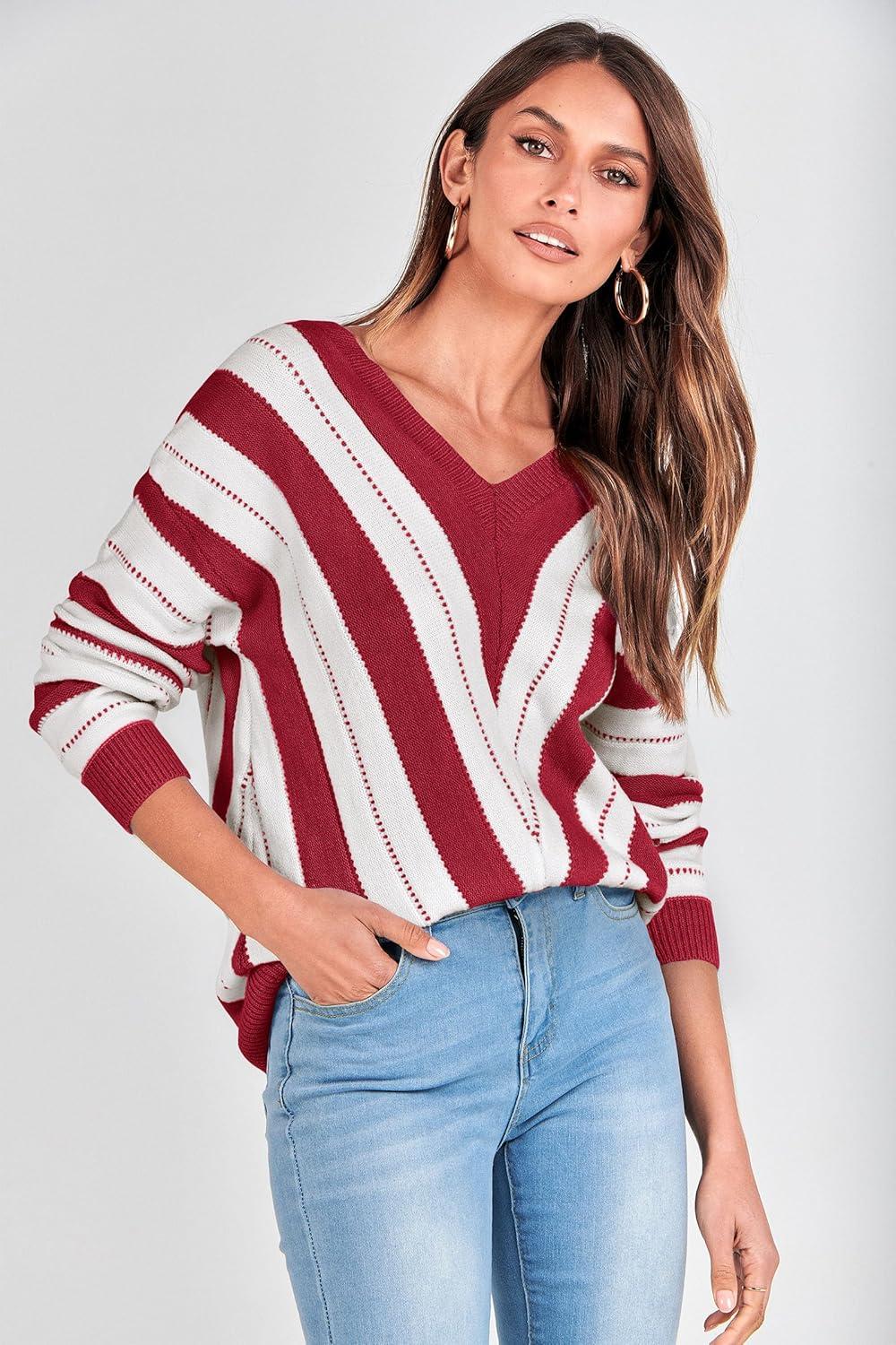 imagePRETTYGARDEN Sweaters for Women 2026 Long Sleeve Striped Knitted V Neck Pullover Jumper Tops Fall Outfits Fashion ClothingStriped Red