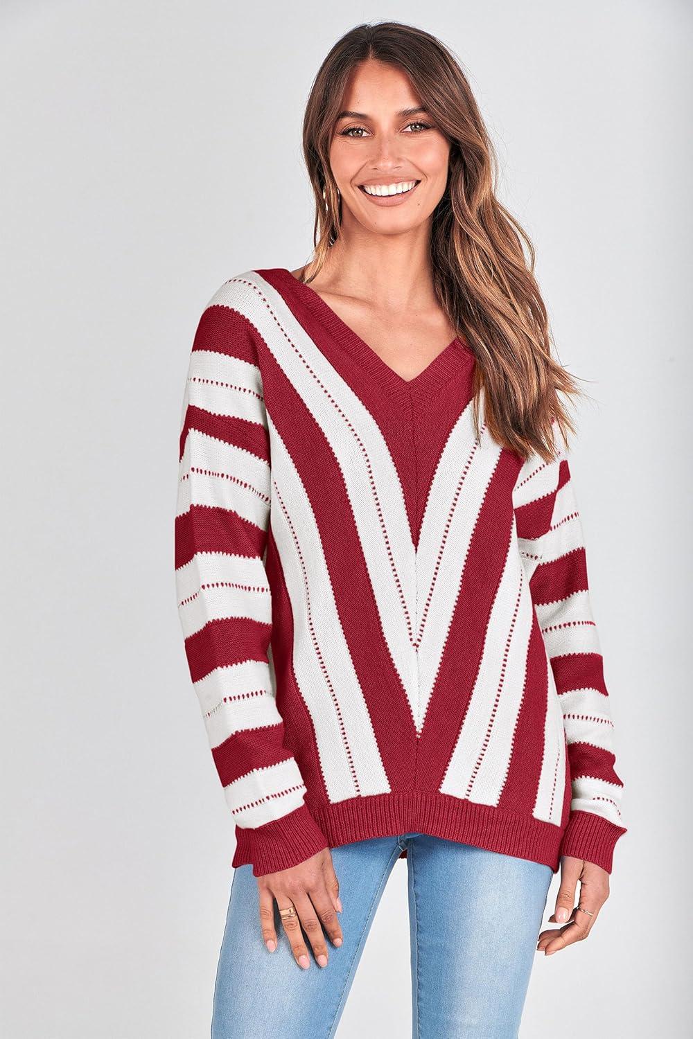 imagePRETTYGARDEN Sweaters for Women 2026 Long Sleeve Striped Knitted V Neck Pullover Jumper Tops Fall Outfits Fashion ClothingStriped Red