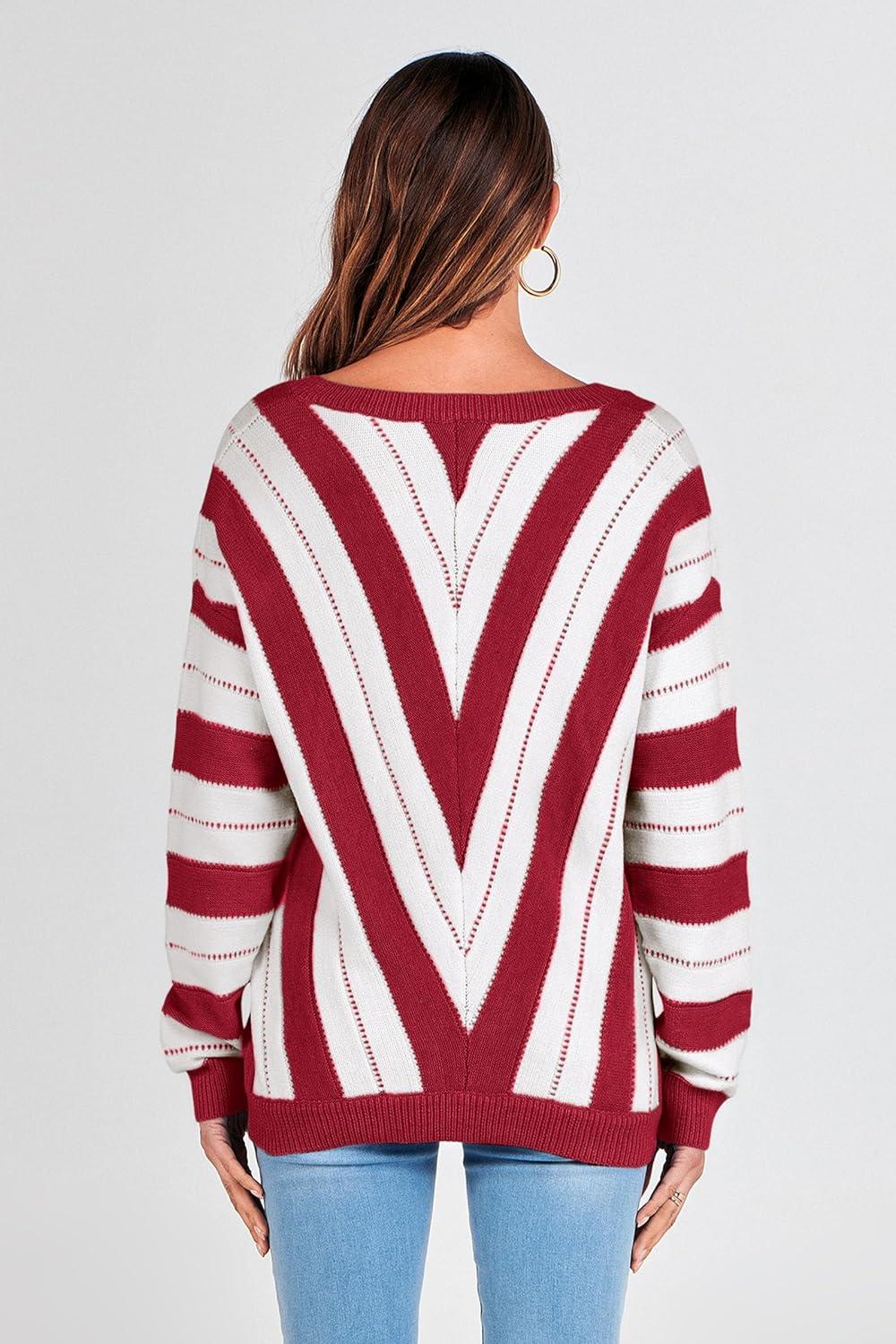 imagePRETTYGARDEN Sweaters for Women 2026 Long Sleeve Striped Knitted V Neck Pullover Jumper Tops Fall Outfits Fashion ClothingStriped Red