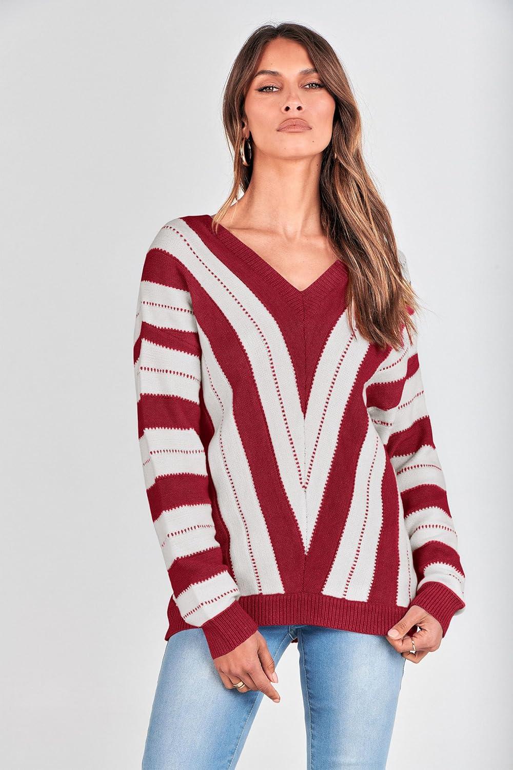 imagePRETTYGARDEN Sweaters for Women 2026 Long Sleeve Striped Knitted V Neck Pullover Jumper Tops Fall Outfits Fashion ClothingStriped Red