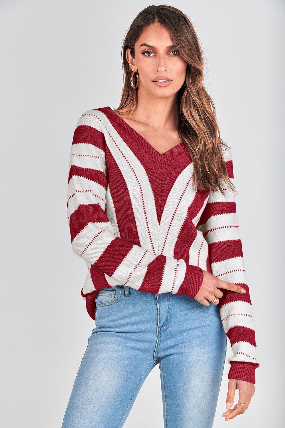 imagePRETTYGARDEN Sweaters for Women 2026 Long Sleeve Striped Knitted V Neck Pullover Jumper Tops Fall Outfits Fashion ClothingStriped Red