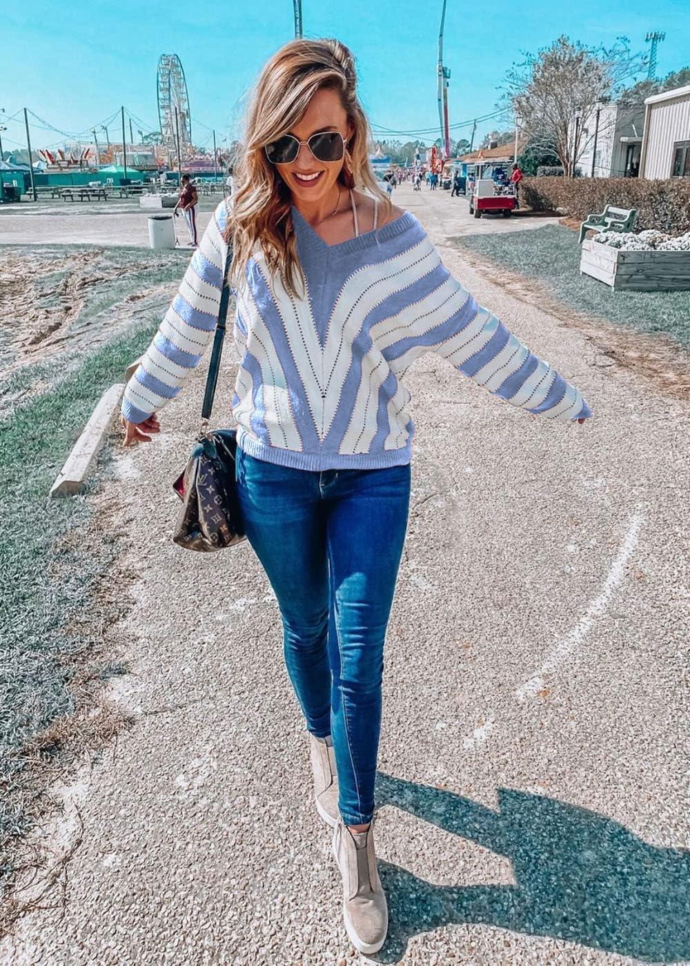 imagePRETTYGARDEN Sweaters for Women 2026 Long Sleeve Striped Knitted V Neck Pullover Jumper Tops Fall Outfits Fashion ClothingStriped Sky Blue