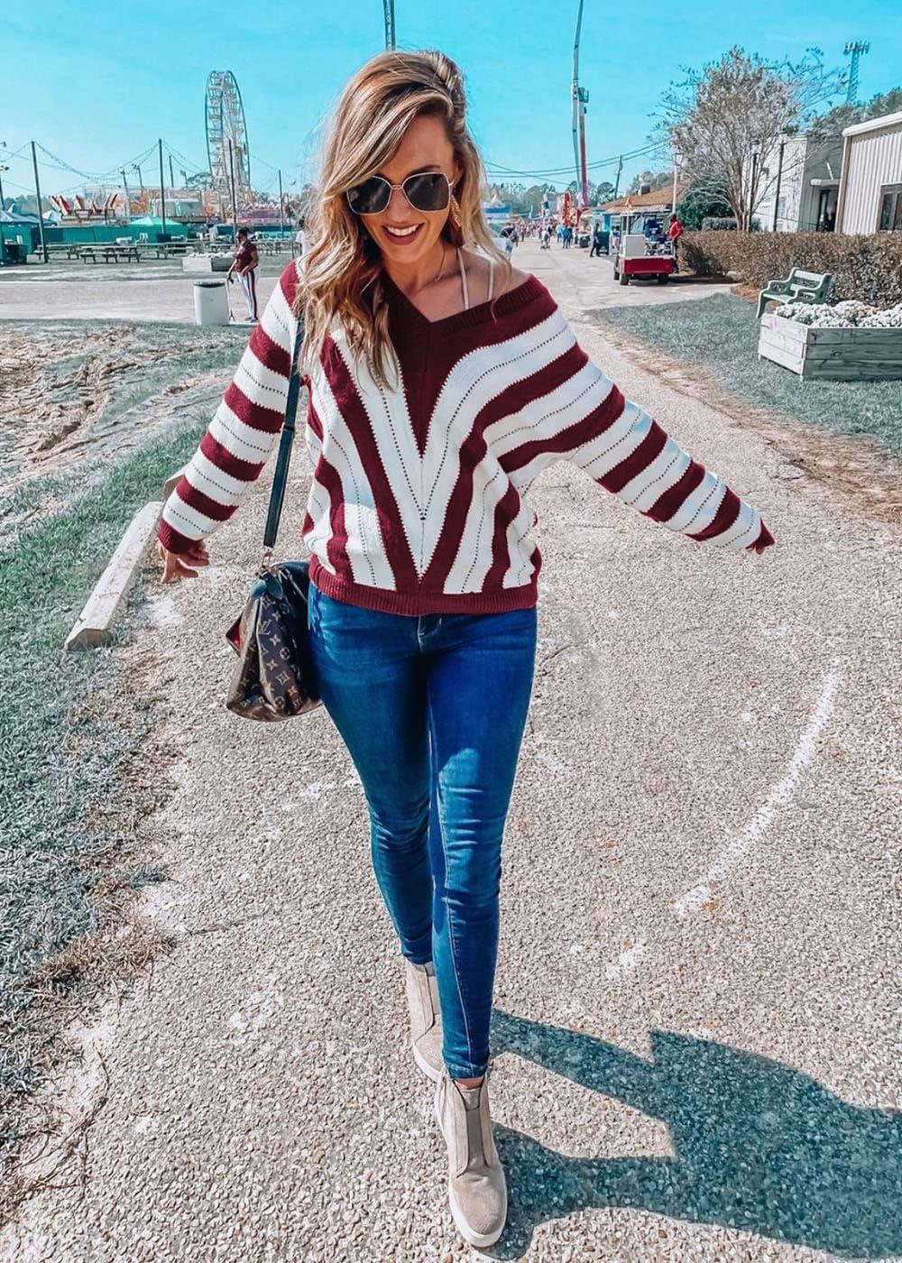 imagePRETTYGARDEN Sweaters for Women 2026 Long Sleeve Striped Knitted V Neck Pullover Jumper Tops Fall Outfits Fashion ClothingStriped Wine Red