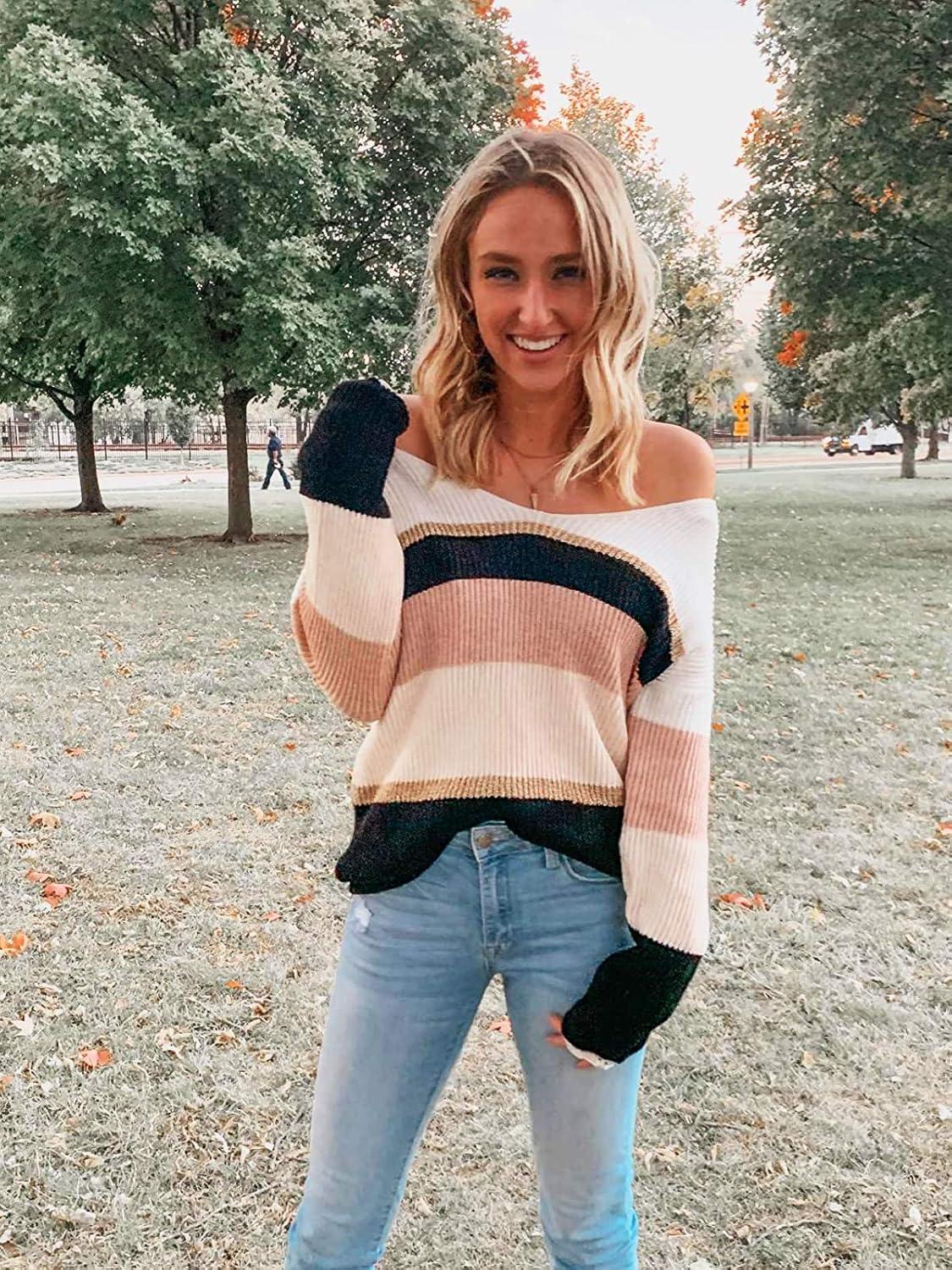 imagePRETTYGARDEN Sweaters for Women 2026 Long Sleeve Striped Knitted V Neck Pullover Jumper Tops Fall Outfits Fashion ClothingWide Striped Pink
