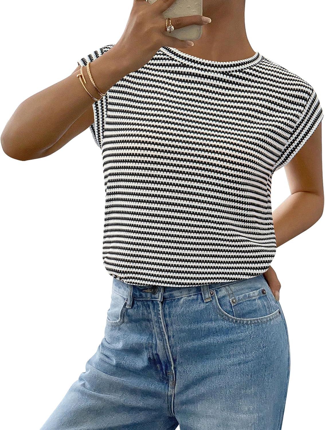 imagePRETTYGARDEN Womens 2026 Spring Vest Tops Cap Sleeve Striped Shirt Knit Tank Top Summer Beach Vacation ClothesStriped Black White