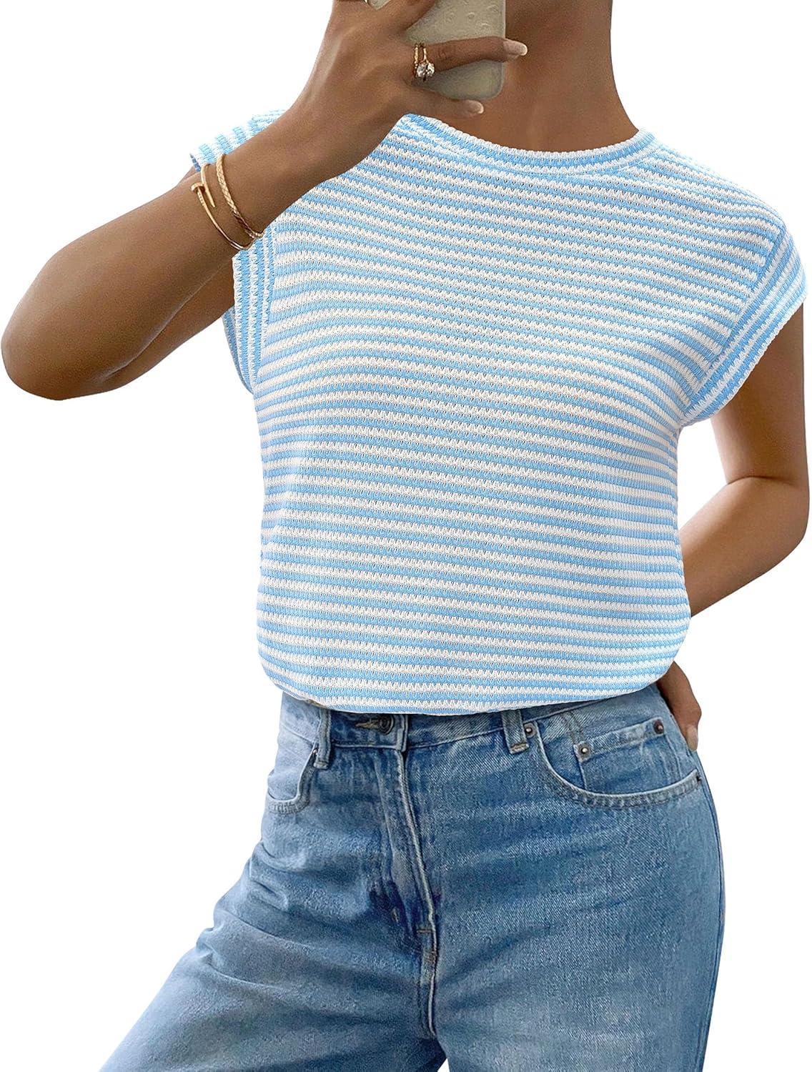 imagePRETTYGARDEN Womens 2026 Spring Vest Tops Cap Sleeve Striped Shirt Knit Tank Top Summer Beach Vacation ClothesStriped Blue White