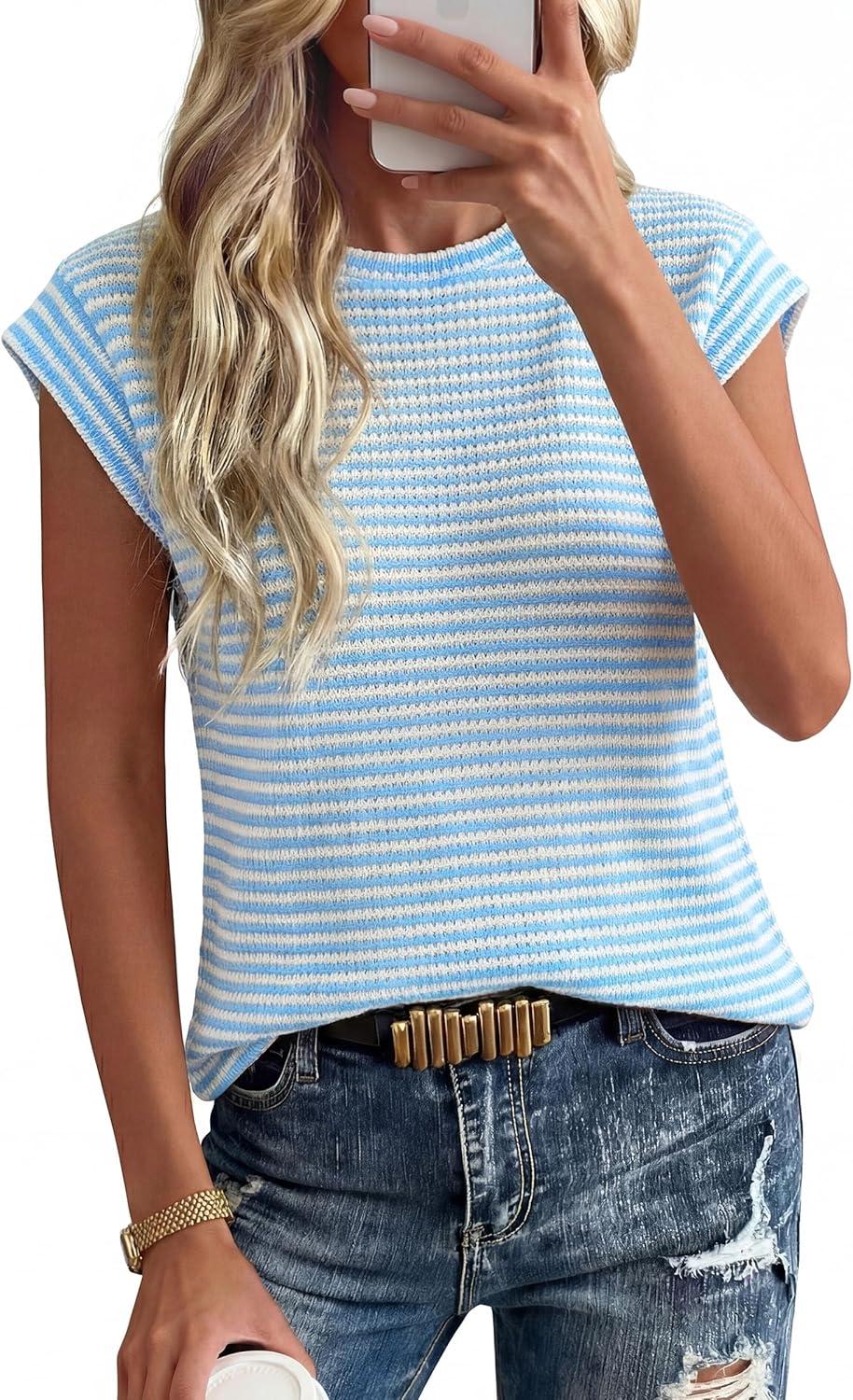 imagePRETTYGARDEN Womens 2026 Spring Vest Tops Cap Sleeve Striped Shirt Knit Tank Top Summer Beach Vacation ClothesStriped Blue White