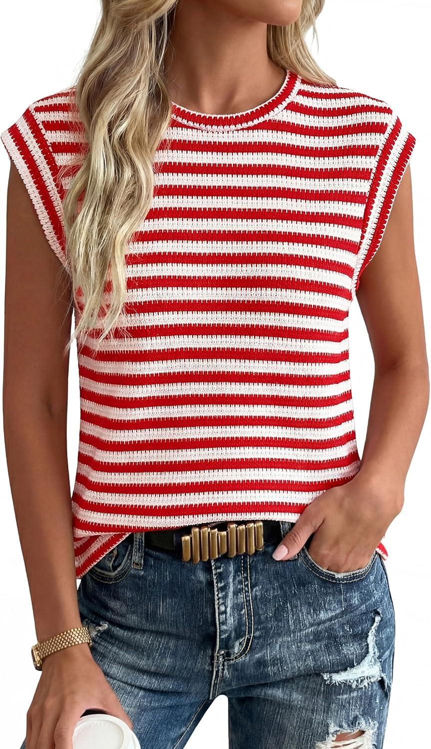 imagePRETTYGARDEN Womens 2026 Spring Vest Tops Cap Sleeve Striped Shirt Knit Tank Top Summer Beach Vacation ClothesStriped Red White