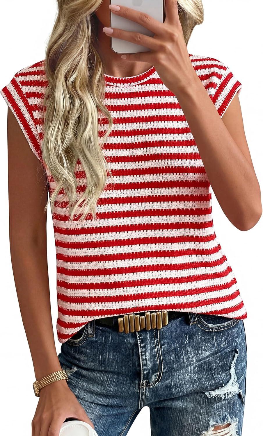imagePRETTYGARDEN Womens 2026 Spring Vest Tops Cap Sleeve Striped Shirt Knit Tank Top Summer Beach Vacation ClothesStriped Red White