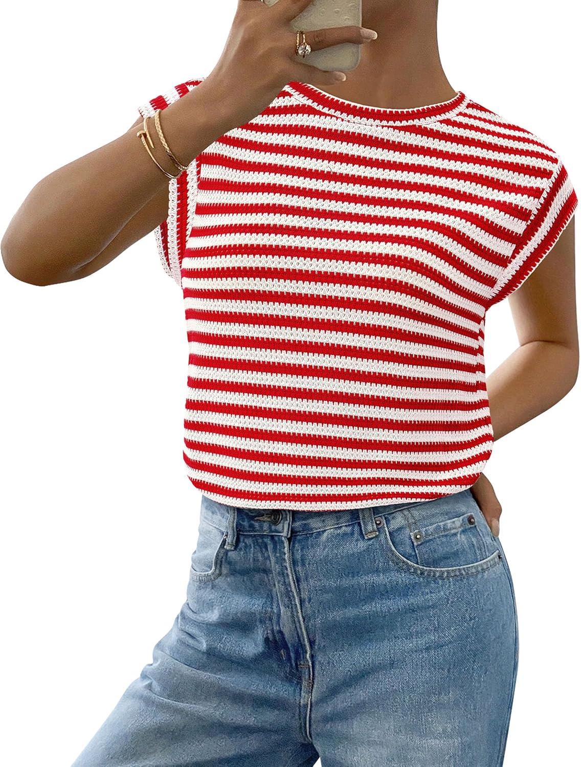 imagePRETTYGARDEN Womens 2026 Spring Vest Tops Cap Sleeve Striped Shirt Knit Tank Top Summer Beach Vacation ClothesStriped Red White