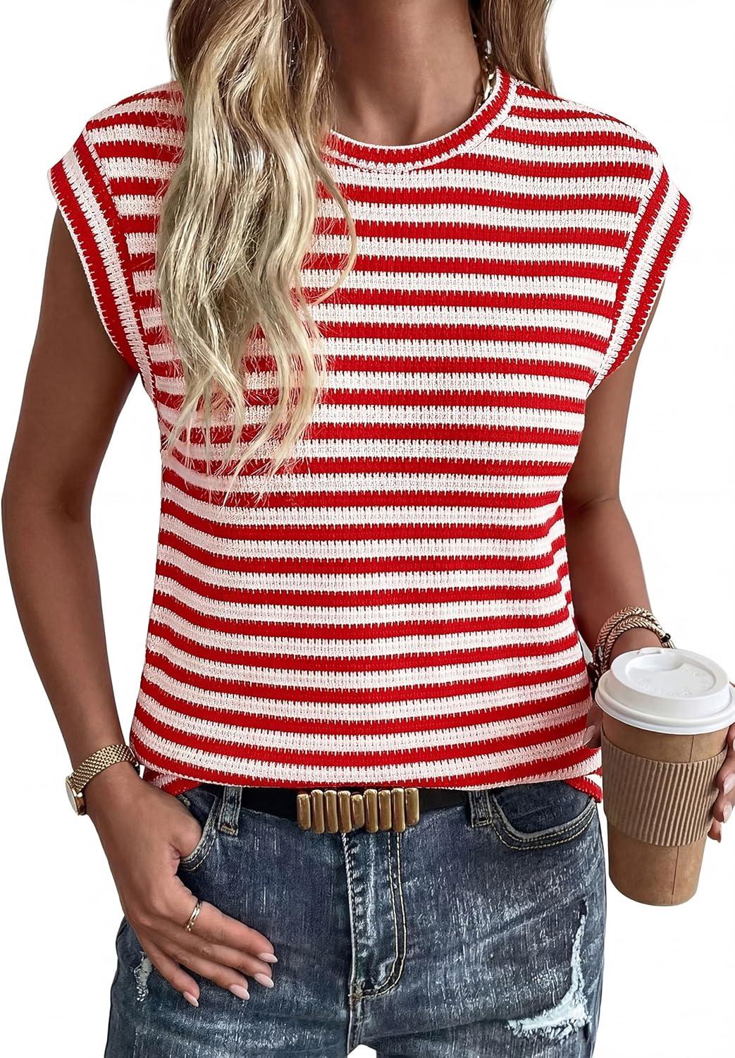 imagePRETTYGARDEN Womens 2026 Spring Vest Tops Cap Sleeve Striped Shirt Knit Tank Top Summer Beach Vacation ClothesStriped Red White