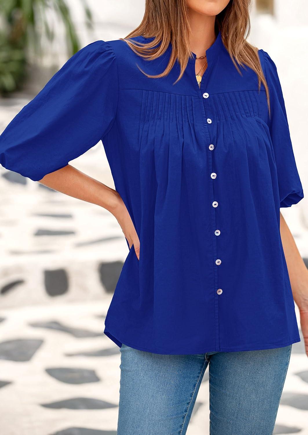 imagePRETTYGARDEN Womens 2026 Summer Short Lantern Sleeve Tops Loose Fit Button Down Shirt Pleated V Neck Blouses Trendy ClothesBlue