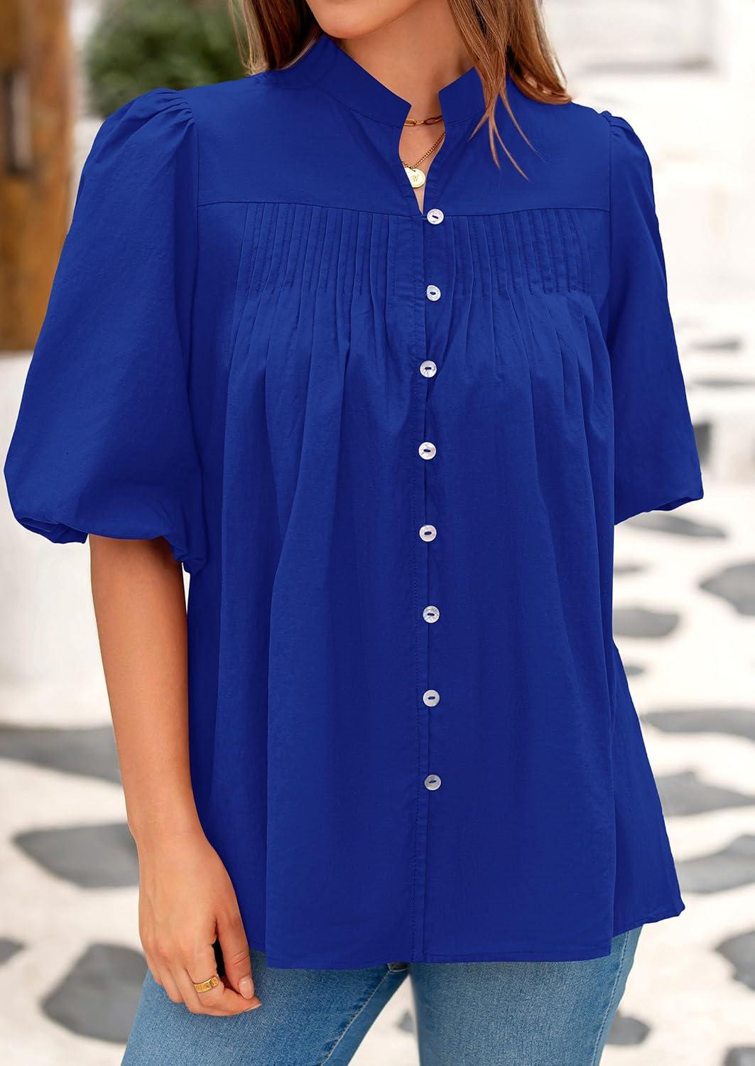 imagePRETTYGARDEN Womens 2026 Summer Short Lantern Sleeve Tops Loose Fit Button Down Shirt Pleated V Neck Blouses Trendy ClothesBlue