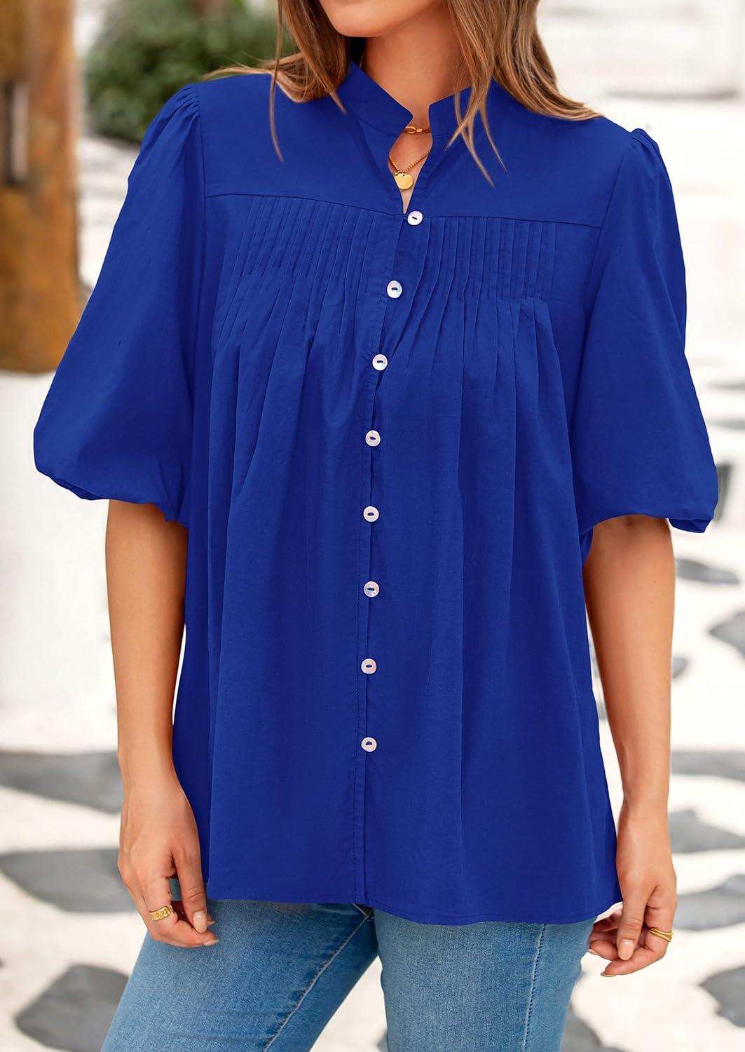 imagePRETTYGARDEN Womens 2026 Summer Short Lantern Sleeve Tops Loose Fit Button Down Shirt Pleated V Neck Blouses Trendy ClothesBlue