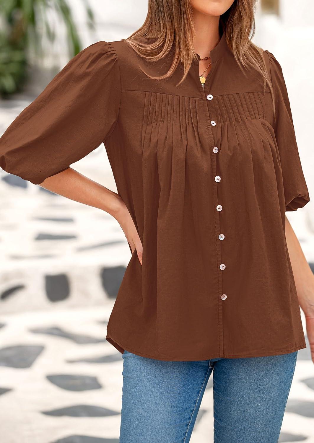 imagePRETTYGARDEN Womens 2026 Summer Short Lantern Sleeve Tops Loose Fit Button Down Shirt Pleated V Neck Blouses Trendy ClothesBrown