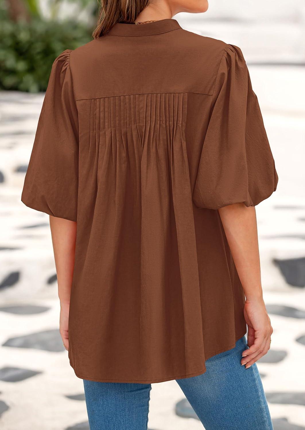 imagePRETTYGARDEN Womens 2026 Summer Short Lantern Sleeve Tops Loose Fit Button Down Shirt Pleated V Neck Blouses Trendy ClothesBrown