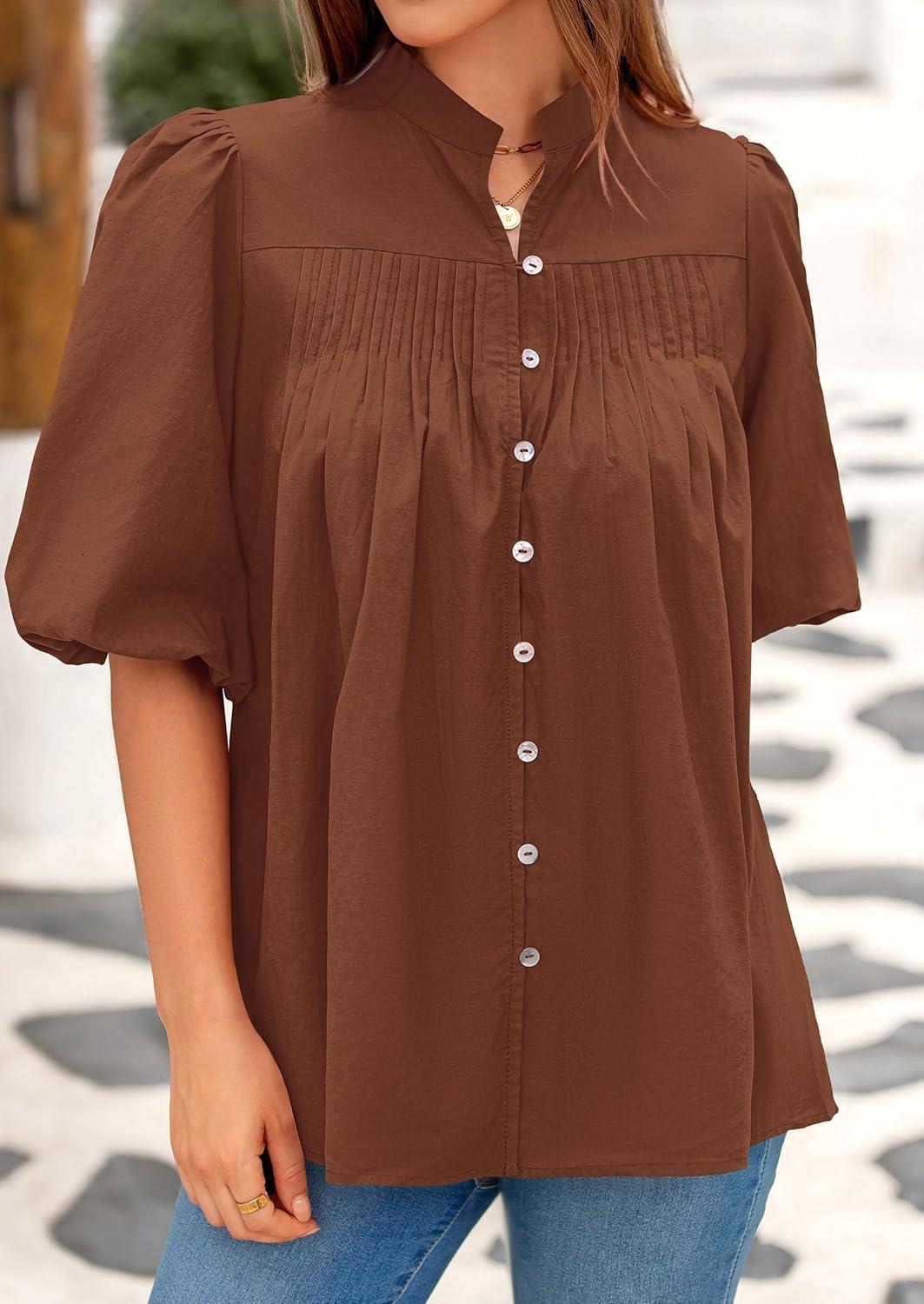 imagePRETTYGARDEN Womens 2026 Summer Short Lantern Sleeve Tops Loose Fit Button Down Shirt Pleated V Neck Blouses Trendy ClothesBrown
