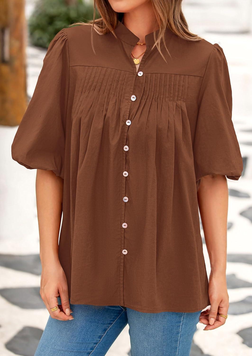 imagePRETTYGARDEN Womens 2026 Summer Short Lantern Sleeve Tops Loose Fit Button Down Shirt Pleated V Neck Blouses Trendy ClothesBrown