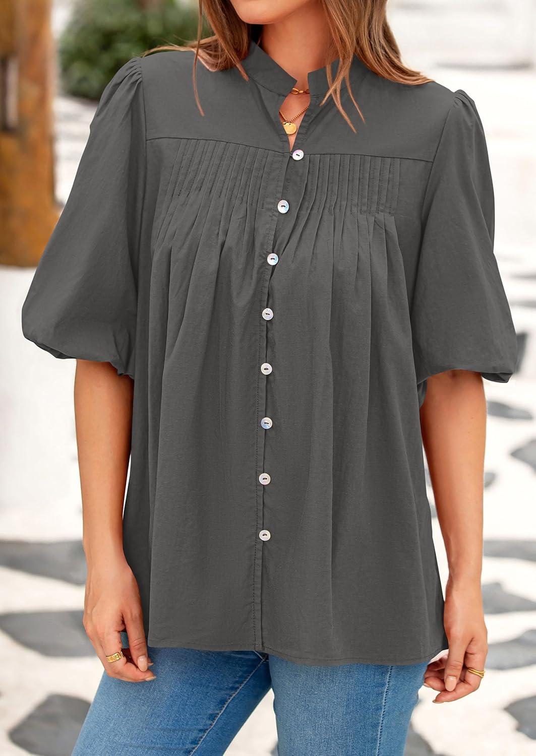 imagePRETTYGARDEN Womens 2026 Summer Short Lantern Sleeve Tops Loose Fit Button Down Shirt Pleated V Neck Blouses Trendy ClothesGrey