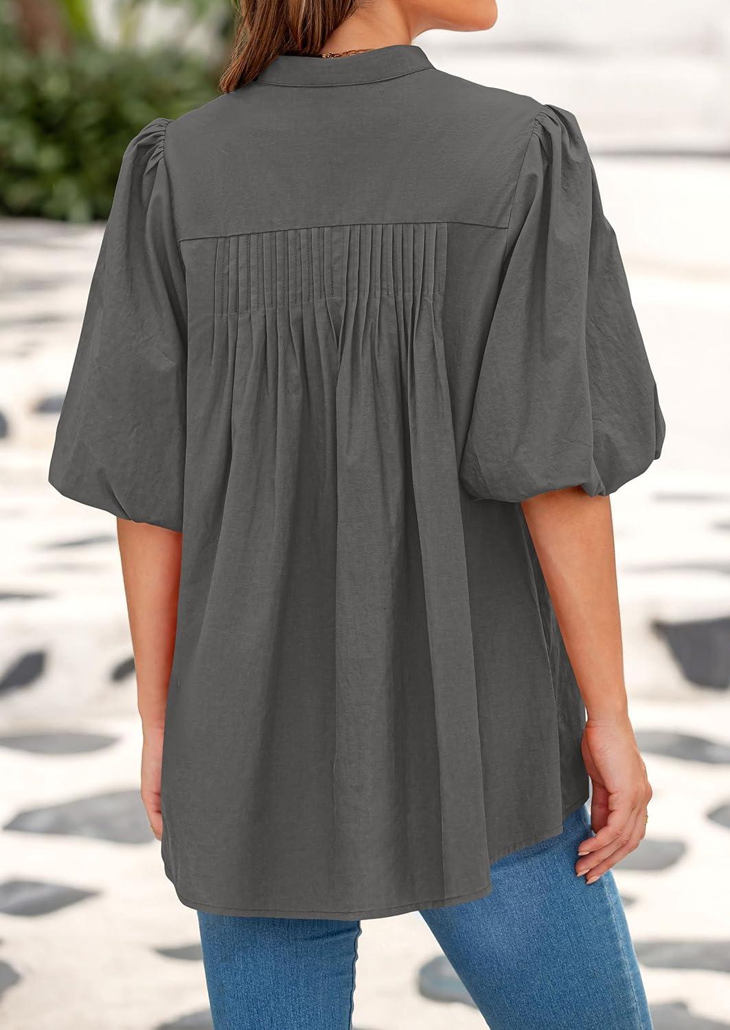 imagePRETTYGARDEN Womens 2026 Summer Short Lantern Sleeve Tops Loose Fit Button Down Shirt Pleated V Neck Blouses Trendy ClothesGrey