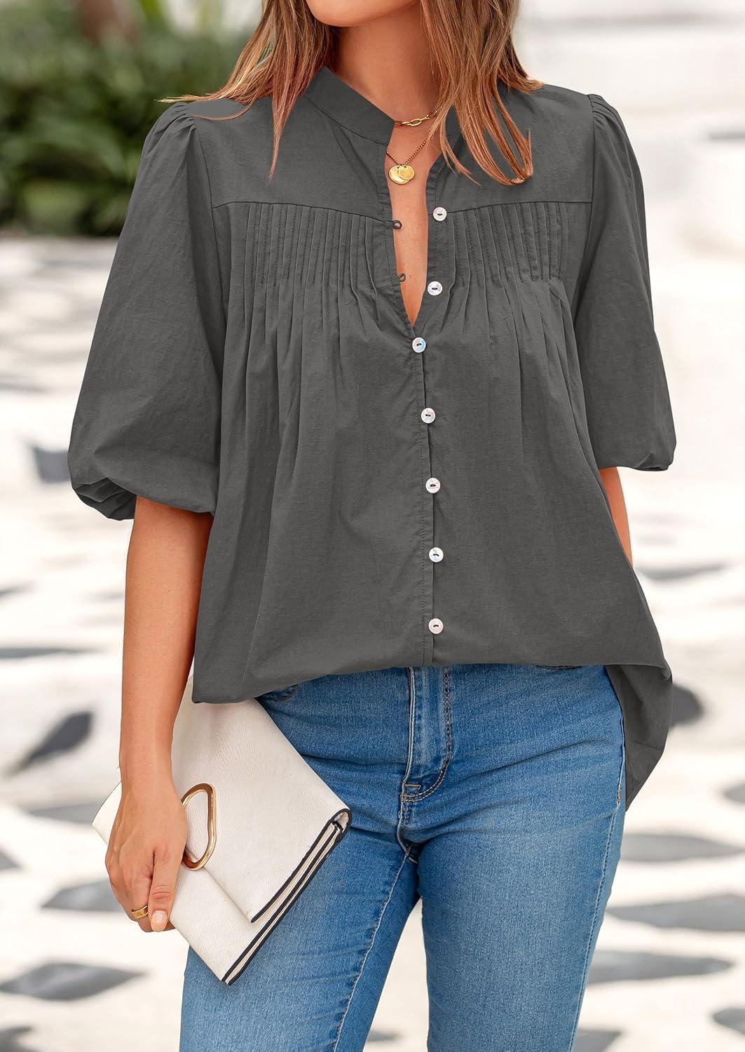 imagePRETTYGARDEN Womens 2026 Summer Short Lantern Sleeve Tops Loose Fit Button Down Shirt Pleated V Neck Blouses Trendy ClothesGrey