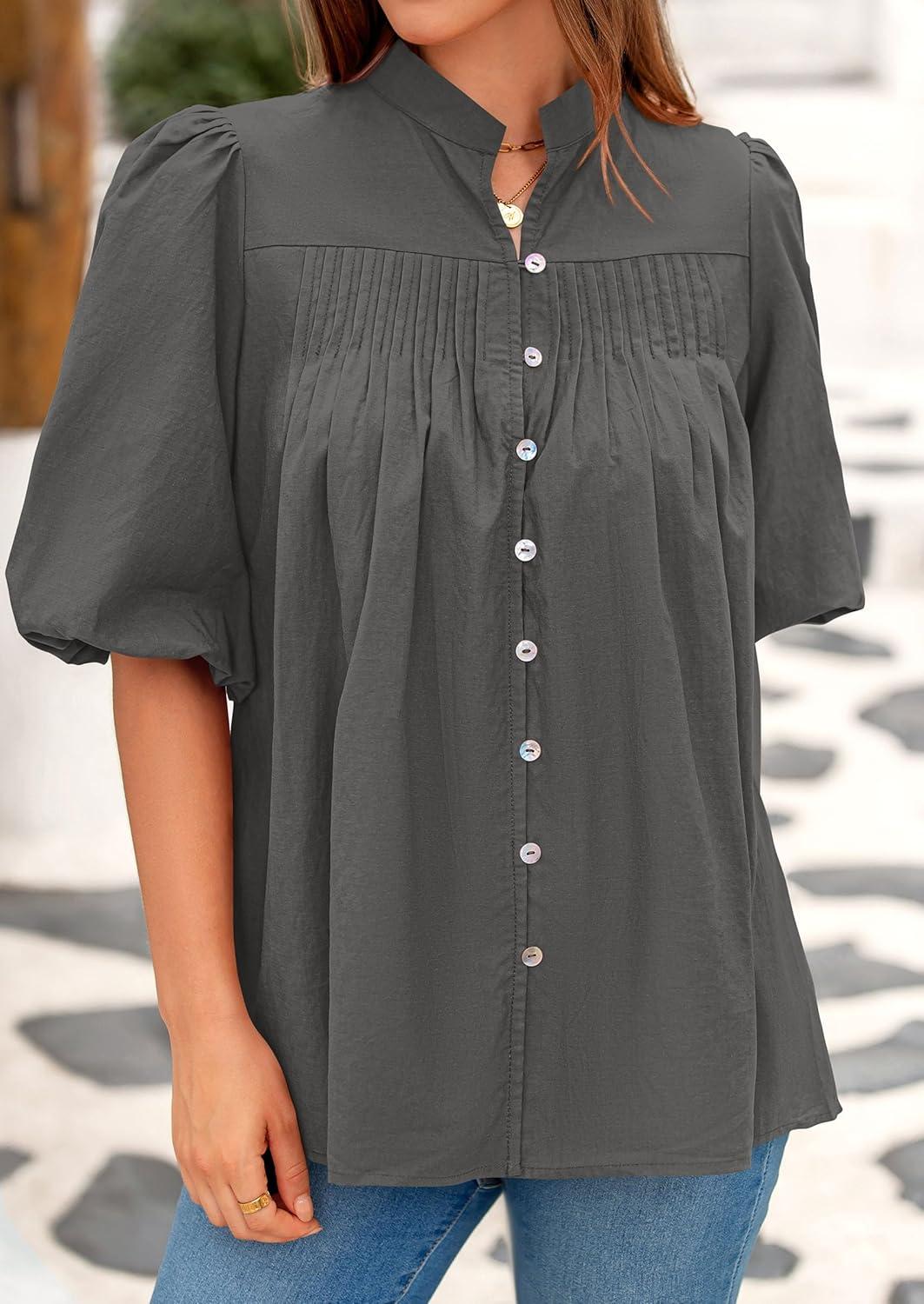 imagePRETTYGARDEN Womens 2026 Summer Short Lantern Sleeve Tops Loose Fit Button Down Shirt Pleated V Neck Blouses Trendy ClothesGrey
