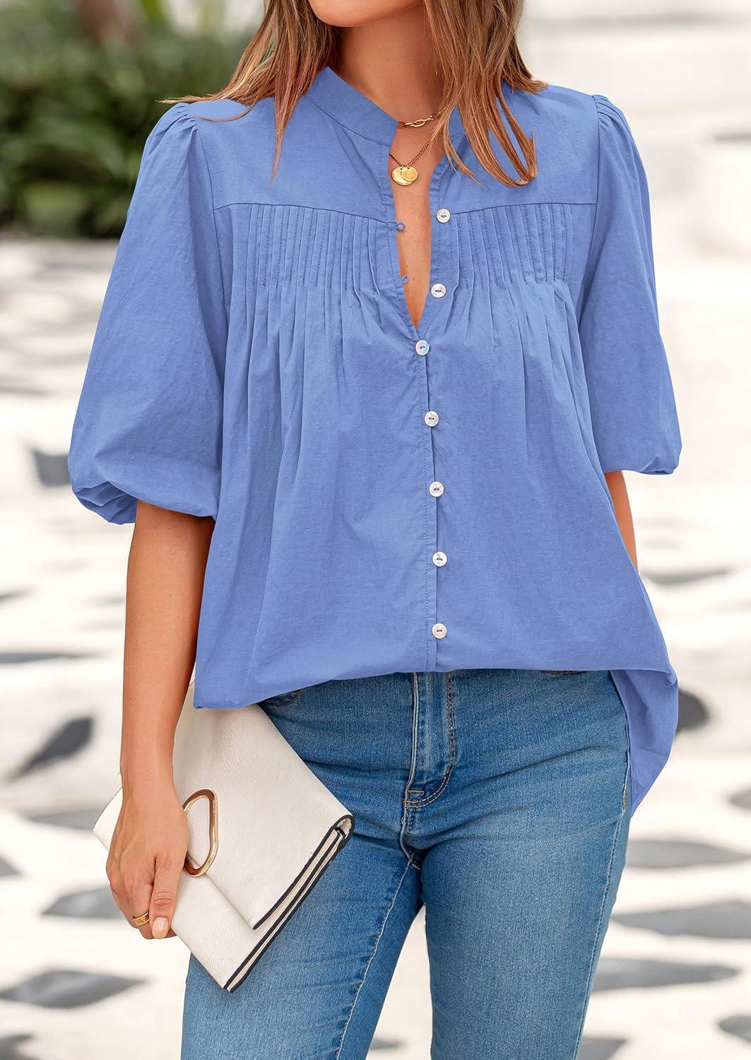 imagePRETTYGARDEN Womens 2026 Summer Short Lantern Sleeve Tops Loose Fit Button Down Shirt Pleated V Neck Blouses Trendy ClothesLight Blue