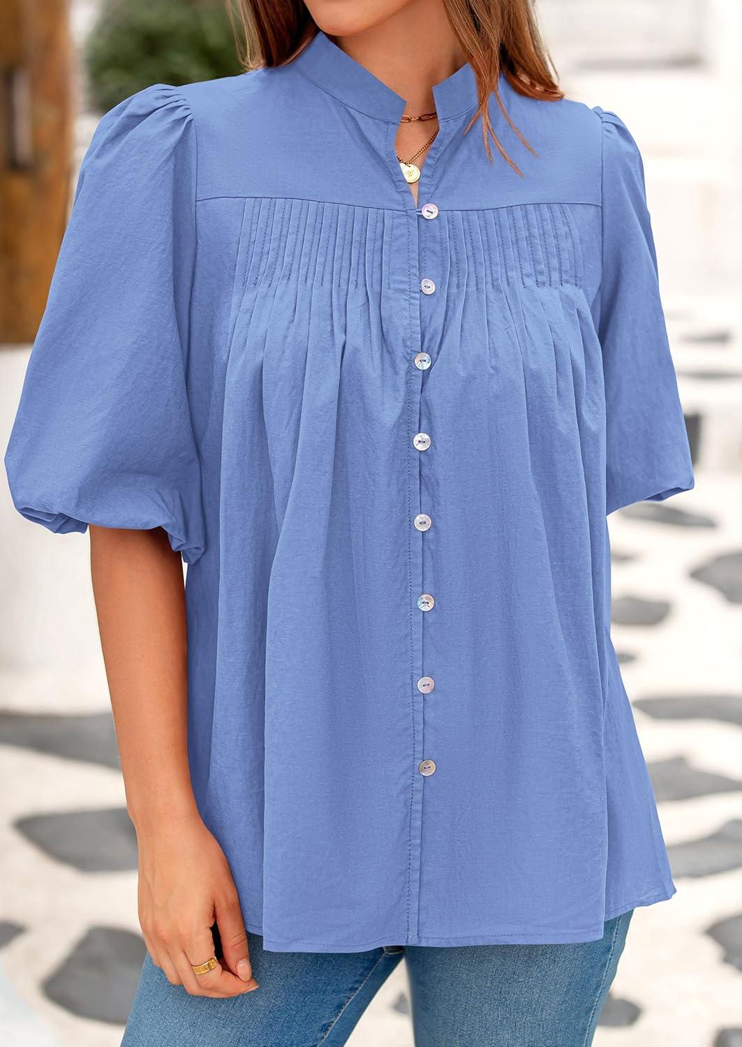 imagePRETTYGARDEN Womens 2026 Summer Short Lantern Sleeve Tops Loose Fit Button Down Shirt Pleated V Neck Blouses Trendy ClothesLight Blue
