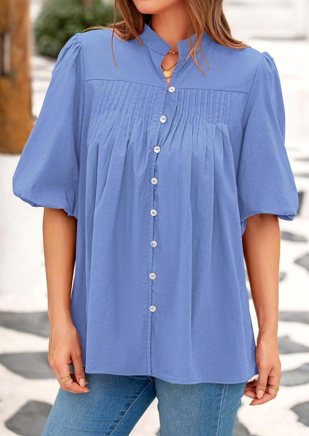 imagePRETTYGARDEN Womens 2026 Summer Short Lantern Sleeve Tops Loose Fit Button Down Shirt Pleated V Neck Blouses Trendy ClothesLight Blue
