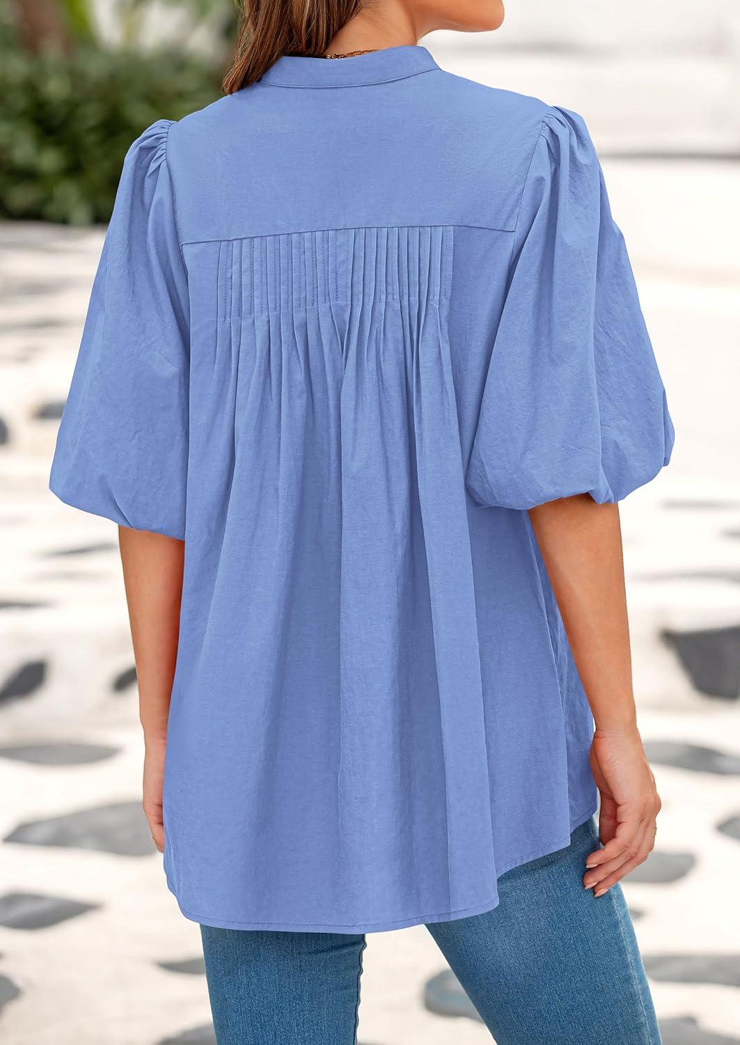imagePRETTYGARDEN Womens 2026 Summer Short Lantern Sleeve Tops Loose Fit Button Down Shirt Pleated V Neck Blouses Trendy ClothesLight Blue