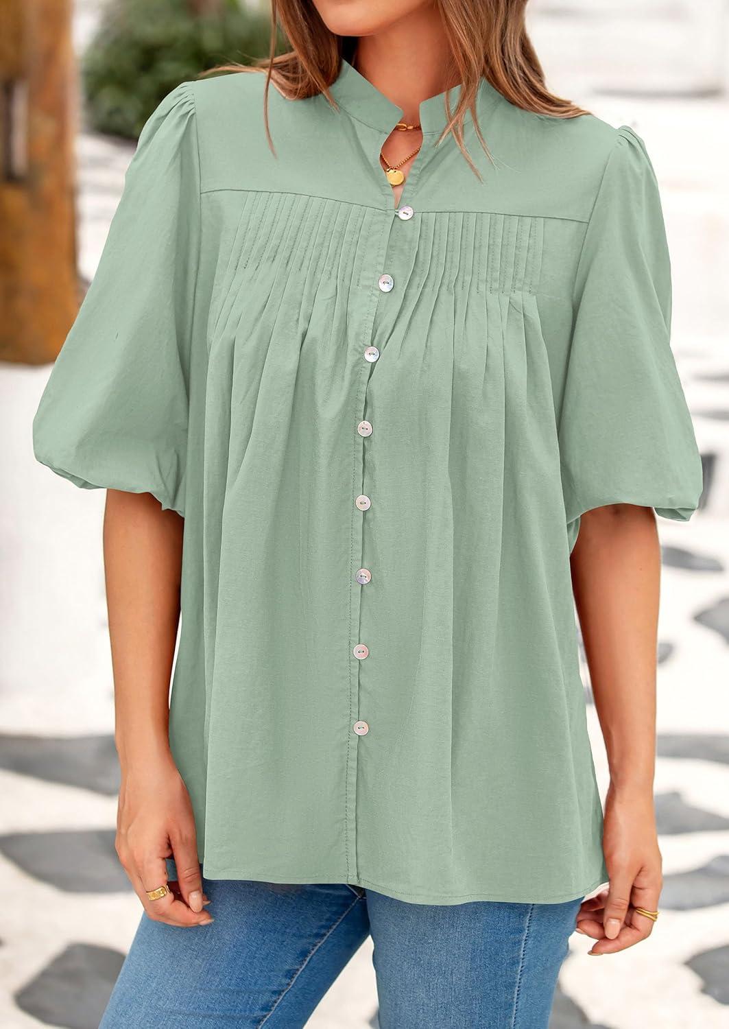 imagePRETTYGARDEN Womens 2026 Summer Short Lantern Sleeve Tops Loose Fit Button Down Shirt Pleated V Neck Blouses Trendy ClothesLight Green