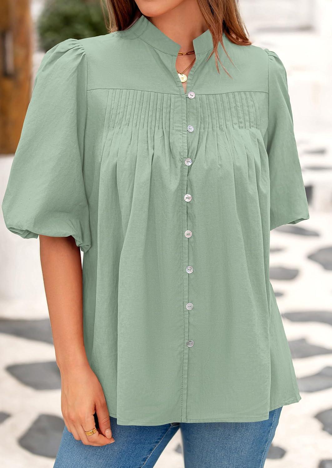 imagePRETTYGARDEN Womens 2026 Summer Short Lantern Sleeve Tops Loose Fit Button Down Shirt Pleated V Neck Blouses Trendy ClothesLight Green